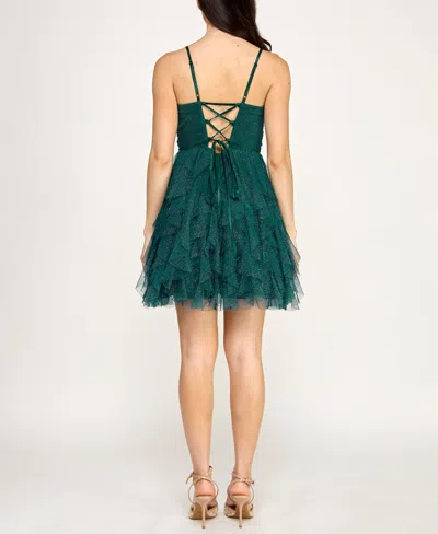 Pear Culture Junior's Strappy Keyhole Petal Sleeveless Dress In Green