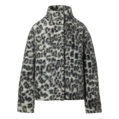 Jana Coshè Women's Wool Short Coat In Snow Leopard Pattern – High Collar And Viscose Lining In Animal Print