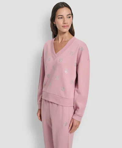 Dkny Women's Allover Stack Rhinestone V-neck Sweatshirt In Pink