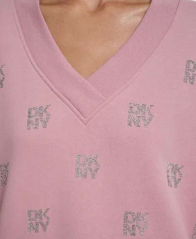 Dkny Women's Allover Stack Rhinestone V-neck Sweatshirt In Pink