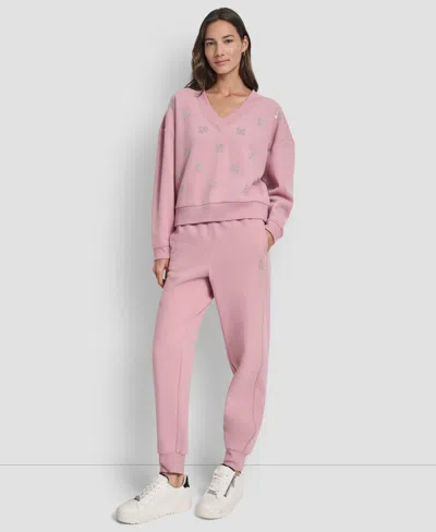 Dkny Women's Allover Stack Rhinestone V-neck Sweatshirt In Pink