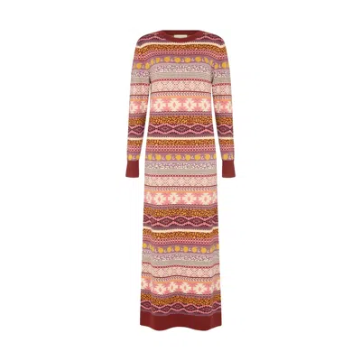 Raffya Women's Pink / Red Elvis Longline Folk Jacquard Maxi Dress In Multi In Multi