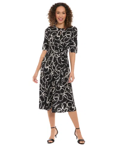 London Times Women's Printed Fit And Flare Pull-on Midi Dress In Black