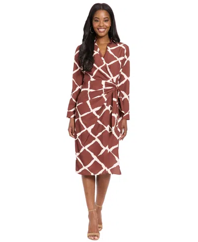 London Times Long Sleeve Faux Wrap Midi Dress In Multi