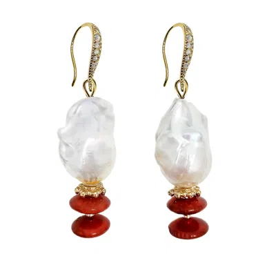 Farra Women's Baroque Pearl With Red Bamboo Coral Earrings In Gold