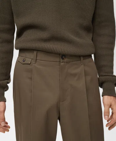 Mango Regular Fit Pleated Cotton Pants In Brown