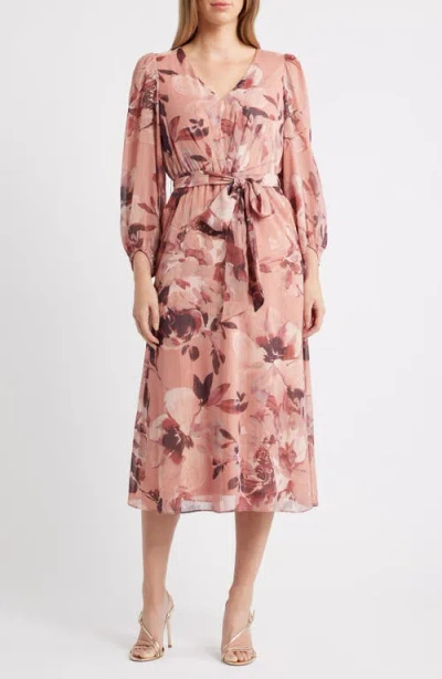 Anne Klein Metallic Stripe Floral Long Sleeve Midi Dress In Pink