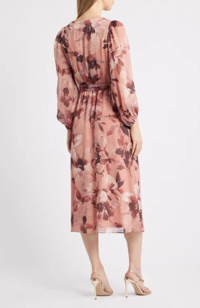 Anne Klein Metallic Stripe Floral Long Sleeve Midi Dress In Pink