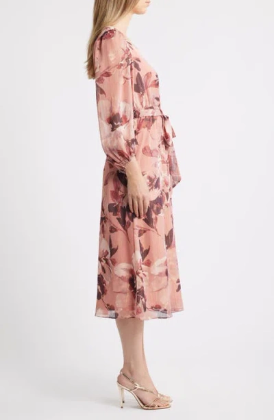Anne Klein Metallic Stripe Floral Long Sleeve Midi Dress In Pink