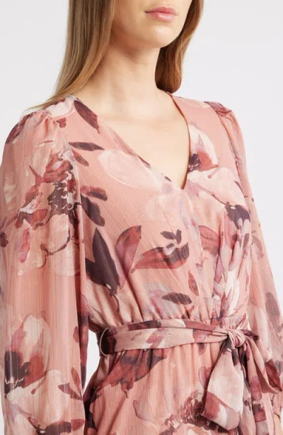 Anne Klein Metallic Stripe Floral Long Sleeve Midi Dress In Pink