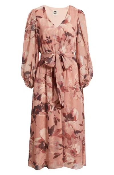 Anne Klein Metallic Stripe Floral Long Sleeve Midi Dress In Pink