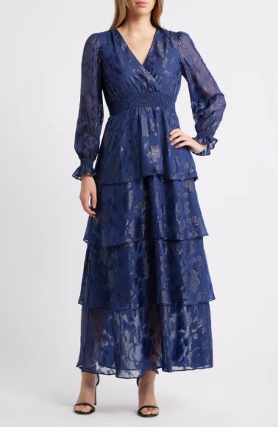 Anne Klein Metallic Floral Long Sleeve Tiered Dress In Blue