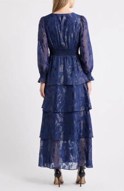 Anne Klein Metallic Floral Long Sleeve Tiered Dress In Blue