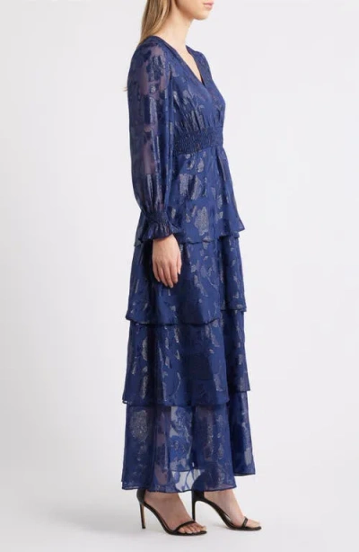 Anne Klein Metallic Floral Long Sleeve Tiered Dress In Blue