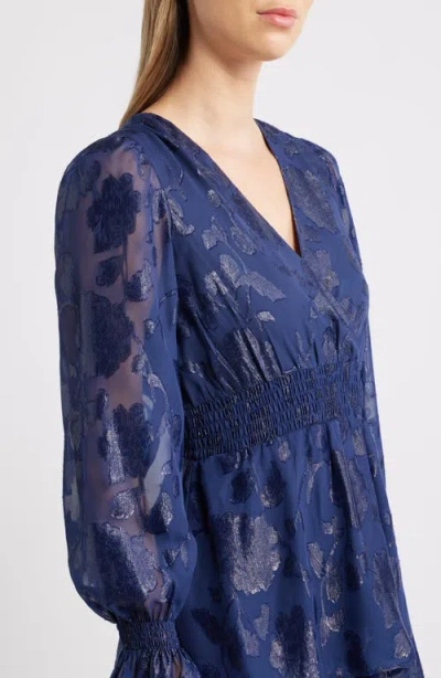 Anne Klein Metallic Floral Long Sleeve Tiered Dress In Blue