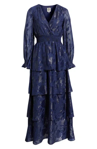 Anne Klein Metallic Floral Long Sleeve Tiered Dress In Blue