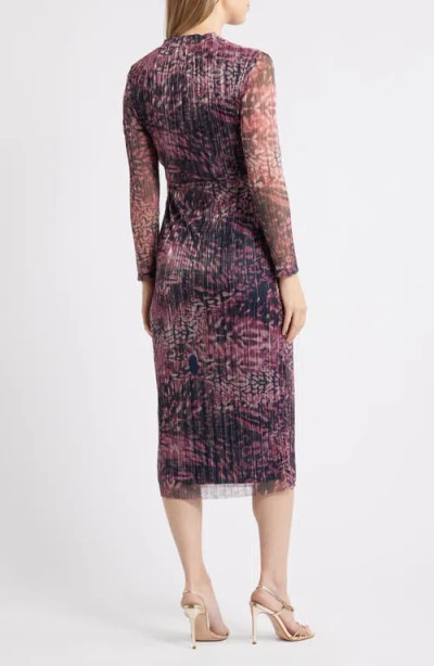 Anne Klein Floral Metallic Stripe Long Sleeve Midi Dress In Pink