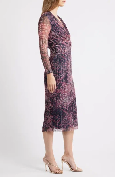Anne Klein Floral Metallic Stripe Long Sleeve Midi Dress In Pink