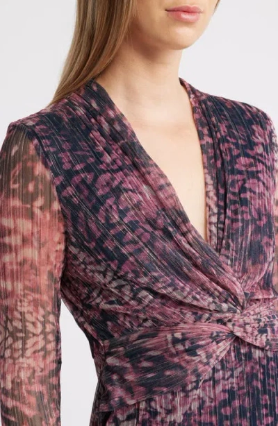 Anne Klein Floral Metallic Stripe Long Sleeve Midi Dress In Pink