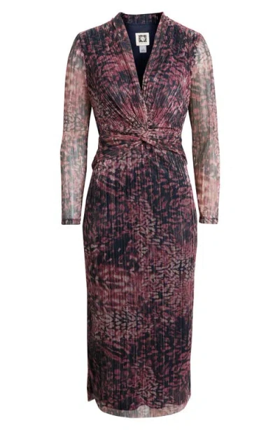 Anne Klein Floral Metallic Stripe Long Sleeve Midi Dress In Pink