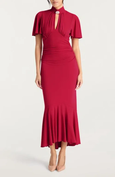 Cinq À Sept Rosita Rhinestone Brooch Detail Ruched Dress In Pink