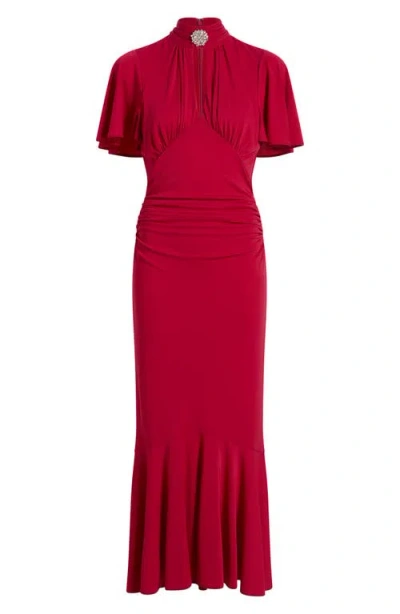 Cinq À Sept Rosita Rhinestone Brooch Detail Ruched Dress In Pink