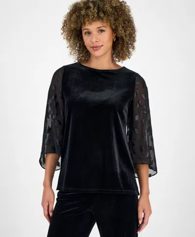 Kasper Women's Velvet Mixed-media 3/4-sleeve Top In Black