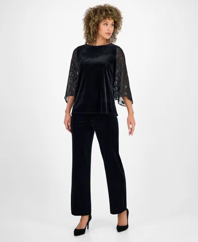 Kasper Women's Velvet Mixed-media 3/4-sleeve Top In Black