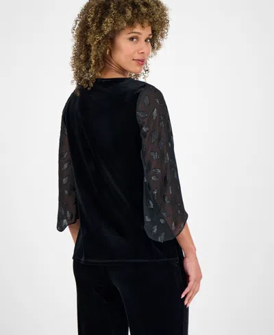 Kasper Women's Velvet Mixed-media 3/4-sleeve Top In Black