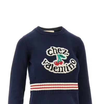 Valentino 'atelier Crew Neck Knitwear With Ribbed Hem And Cuffs' In Blue