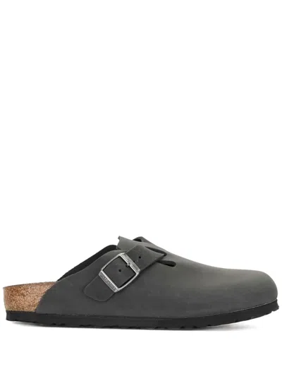 Birkenstock Slate Leather Boston Slippers In Black