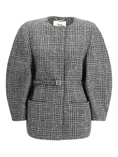 Fendi Women Blouson Jacket In Wool And Cotton Tweed With A Check Pattern In Gray