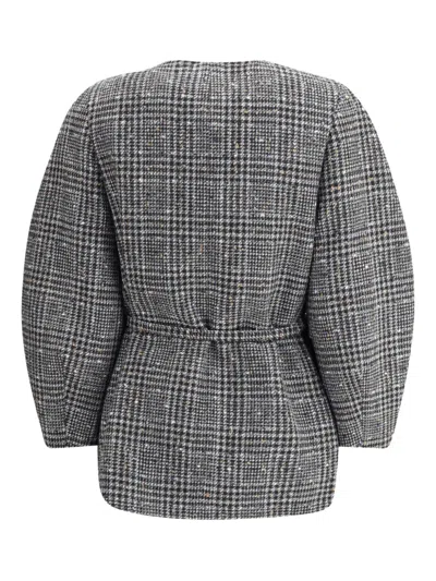 Fendi Women Blouson Jacket In Wool And Cotton Tweed With A Check Pattern In Gray