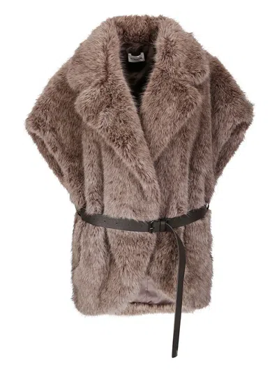 P.a.r.o.s.h Adjustable Belted Synthetic Fur Gilet With Notched Collar In Brown