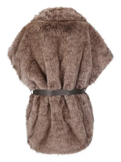 P.a.r.o.s.h Adjustable Belted Synthetic Fur Gilet With Notched Collar In Brown