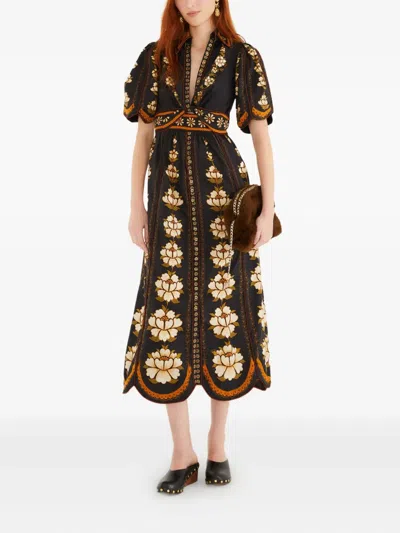 Farm Rio Embroidered Flowers Midi Dress In Black
