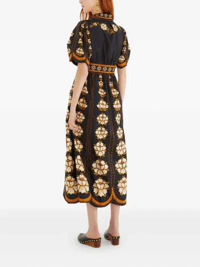 Farm Rio Embroidered Flowers Midi Dress In Black