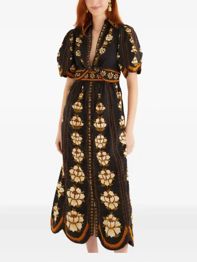 Farm Rio Embroidered Flowers Midi Dress In Black