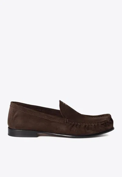 Miu Miu Suede Round Toe Slip On Loafers In Brown