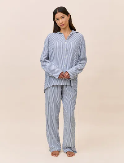 Papinelle Sabine Seersucker Stripe Full Length Pj Set In Blue
