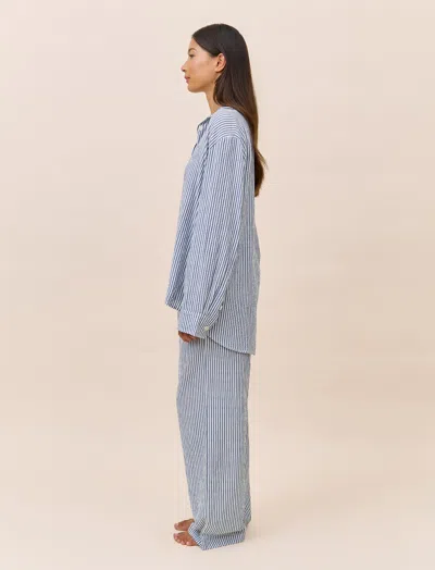 Papinelle Sabine Seersucker Stripe Full Length Pj Set In Blue