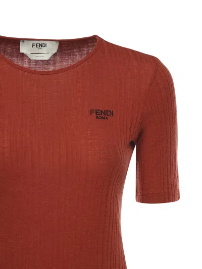 Fendi Short-sleeved Virgin Wool Top In Brown
