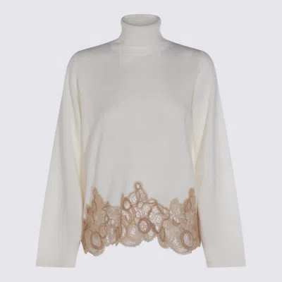 Fabiana Filippi Long Sleeve Turtleneck Knitwear With Lace Hem In White