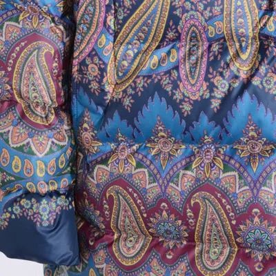 Etro Long Hooded Quilted Jacket With Paisley Pattern In Blue