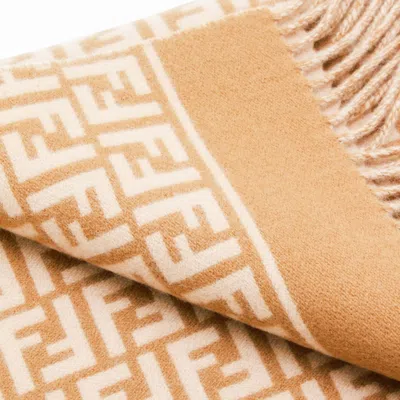 Fendi Ff Monogram Wool And Cashmere Fringed Scarf In Brown