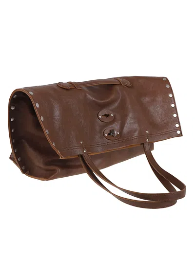 Zanellato Studded Leather Shoulder Bag With Dual Handles In Brown