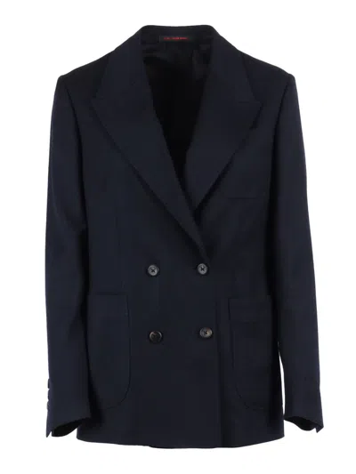 The Gigi Double-breasted Tailored Jacket With Classic Lapel In Blue