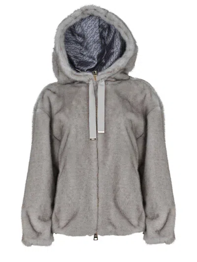 Herno Relaxed-fit Grey Jacket With Plush Texture And Hood In Gray