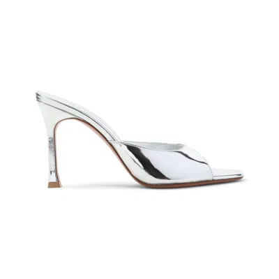 Amina Muaddi Alexa 95 Metallic Leather Mules In Gray
