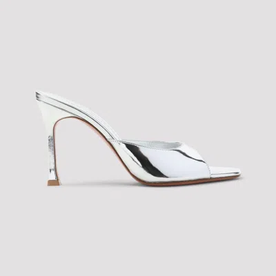 Amina Muaddi Alexa 95 Metallic Leather Mules In Gray